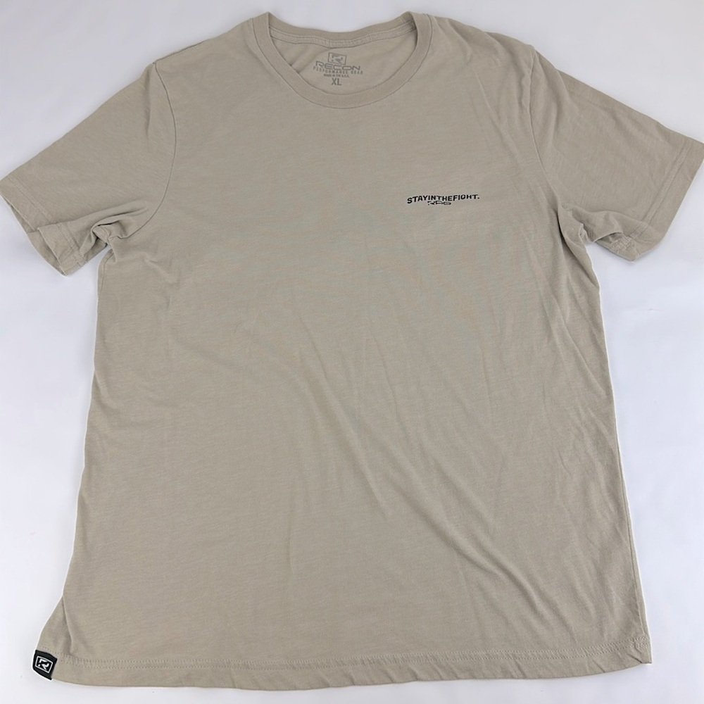 RECON Performance Gear. Tan T Shirt. Size XL. Stay in the Fight. Made in USA.
